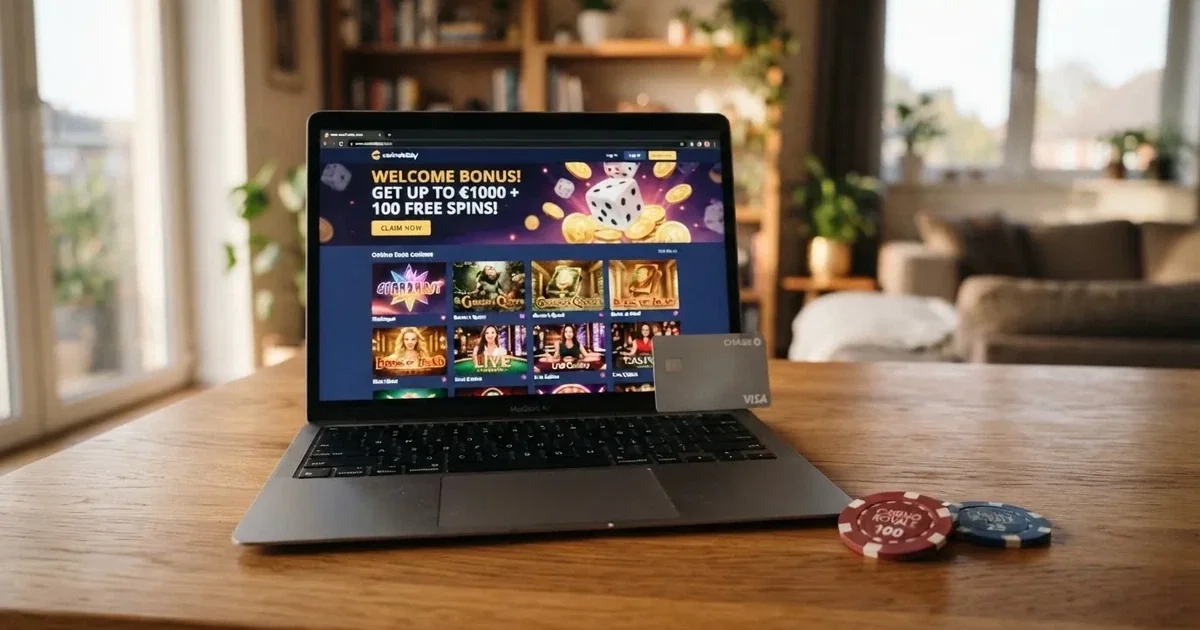 Een rij Nederlandse online casino's op een scherm, met creditcards en een vergelijkingslijst ernaast