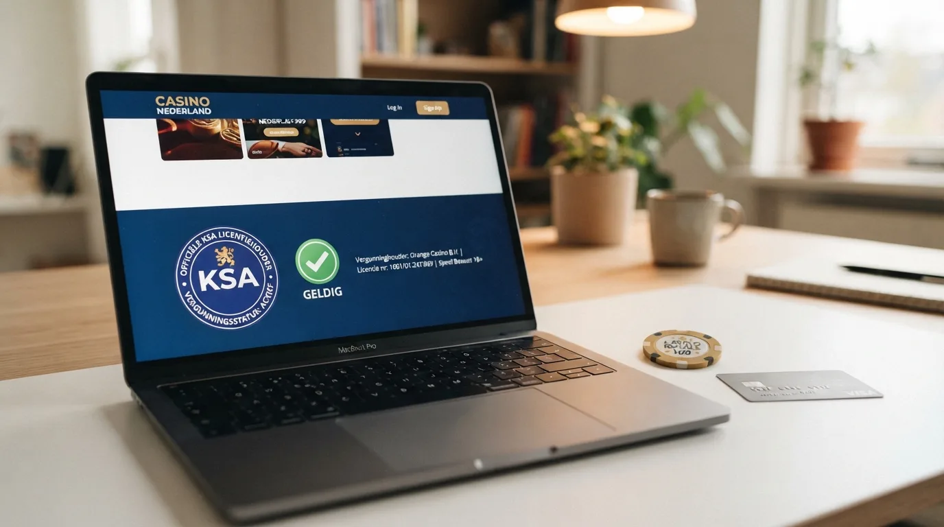 Het KSA-logo met een vergunningnummer onderaan de website van een Nederlands online casino