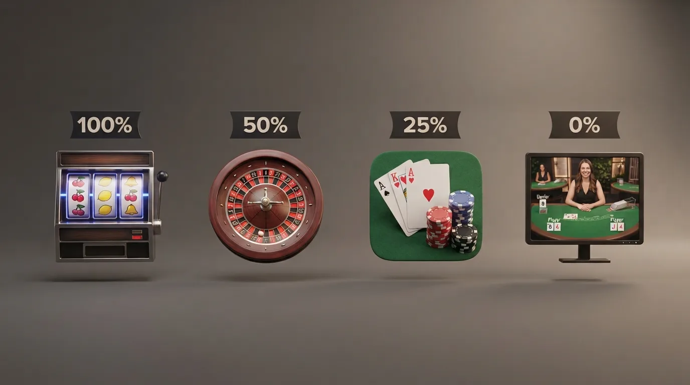 Een overzicht van slots, roulette, blackjack en live dealer spellen naast elkaar, met een percentage per categorie