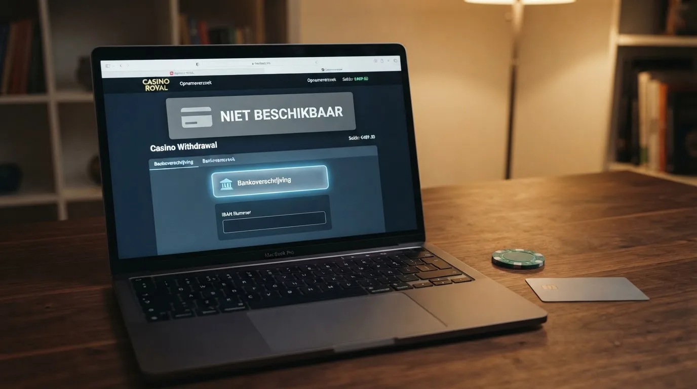 Een casino-opnamepagina met de melding dat uitbetaling naar creditcard niet beschikbaar is en dat een IBAN-rekening vereist is